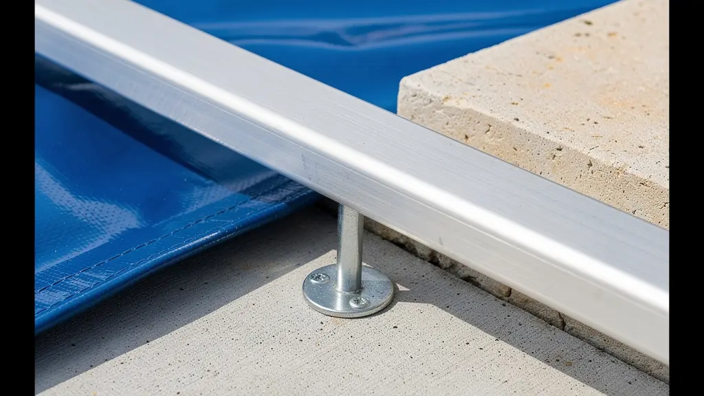 Détail d'une barre aluminium de bâche piscine fixée sur dalle béton