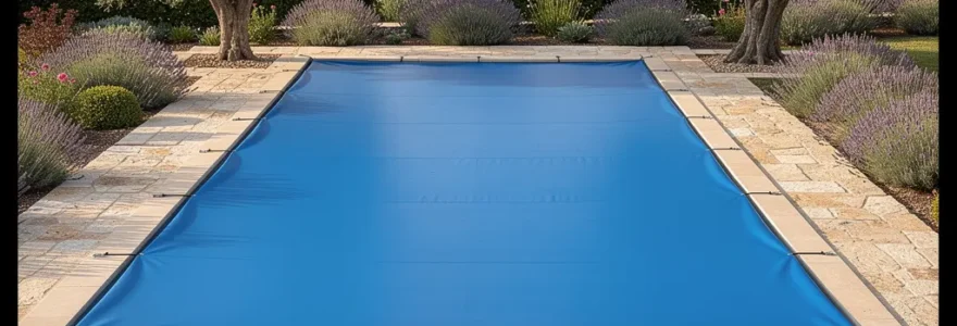 Piscine enterrée équipée d'une bâche à barres dans un jardin méditerranéen