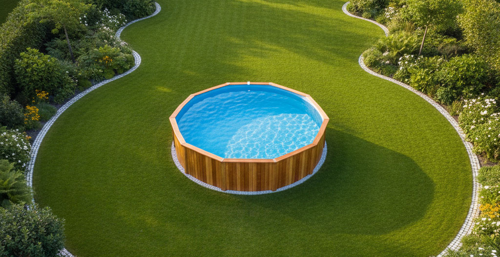 Vue aérienne d'un jardin avec délimitation au sol de l'espace disponible pour une piscine hors sol