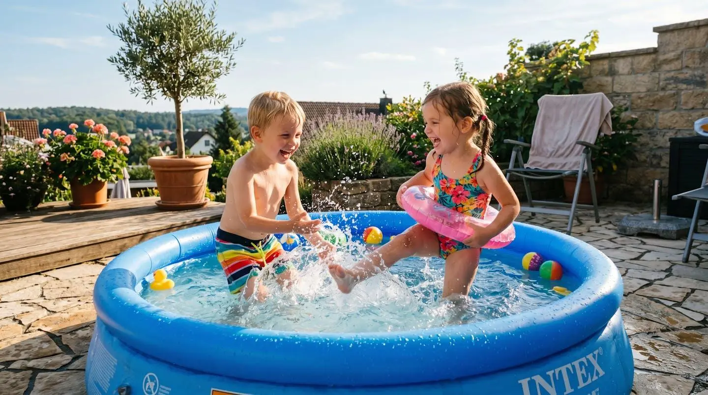 Deux enfants jouant et éclaboussant dans une piscine tubulaire ronde sur une terrasse ensoleillée