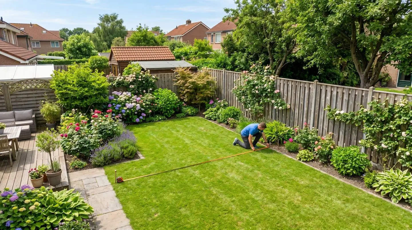 Vue aérienne d'un jardin avec délimitation au sol de l'espace disponible pour une piscine hors sol